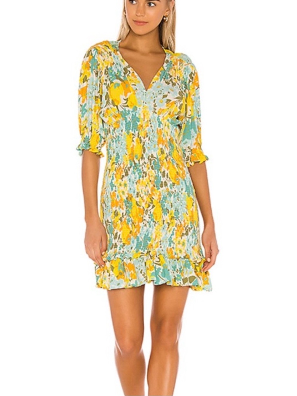 Faithful The Brand Margherita Floral Puff-Sleeve Smocked Mini Dress Size 4